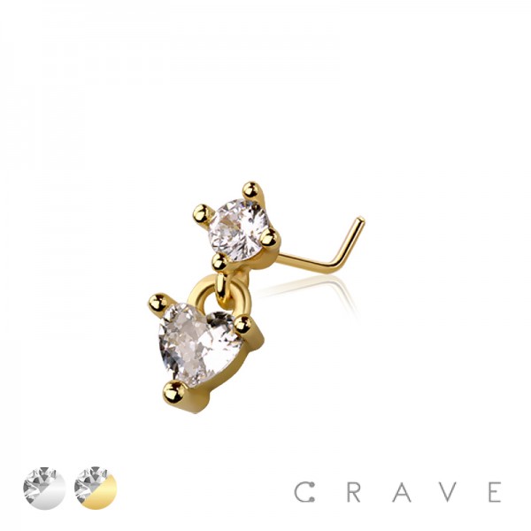 CZ HEART DANGLE CZ 316L SURGICAL STEEL L-SHAPE NOSE RING